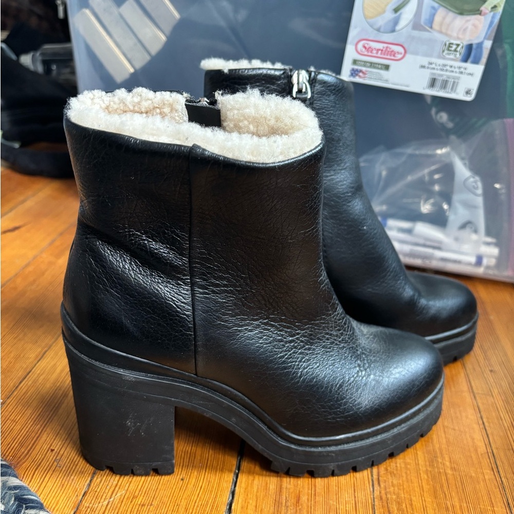 Rebecca Minkoff Black Heeled Boots with Cream shirling